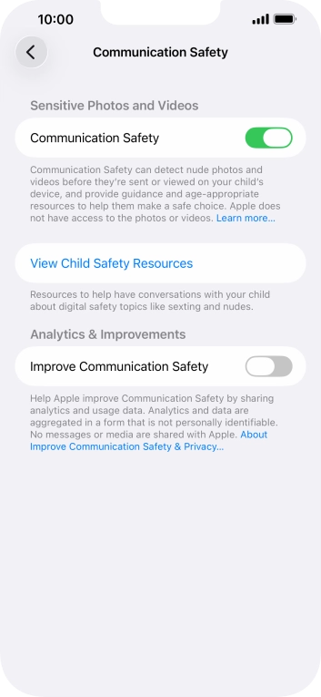 Press the indicator next to 'Communication Safety' to turn the function on or off. Press the indicator next to 'Communication Safety' to turn the function on or off.