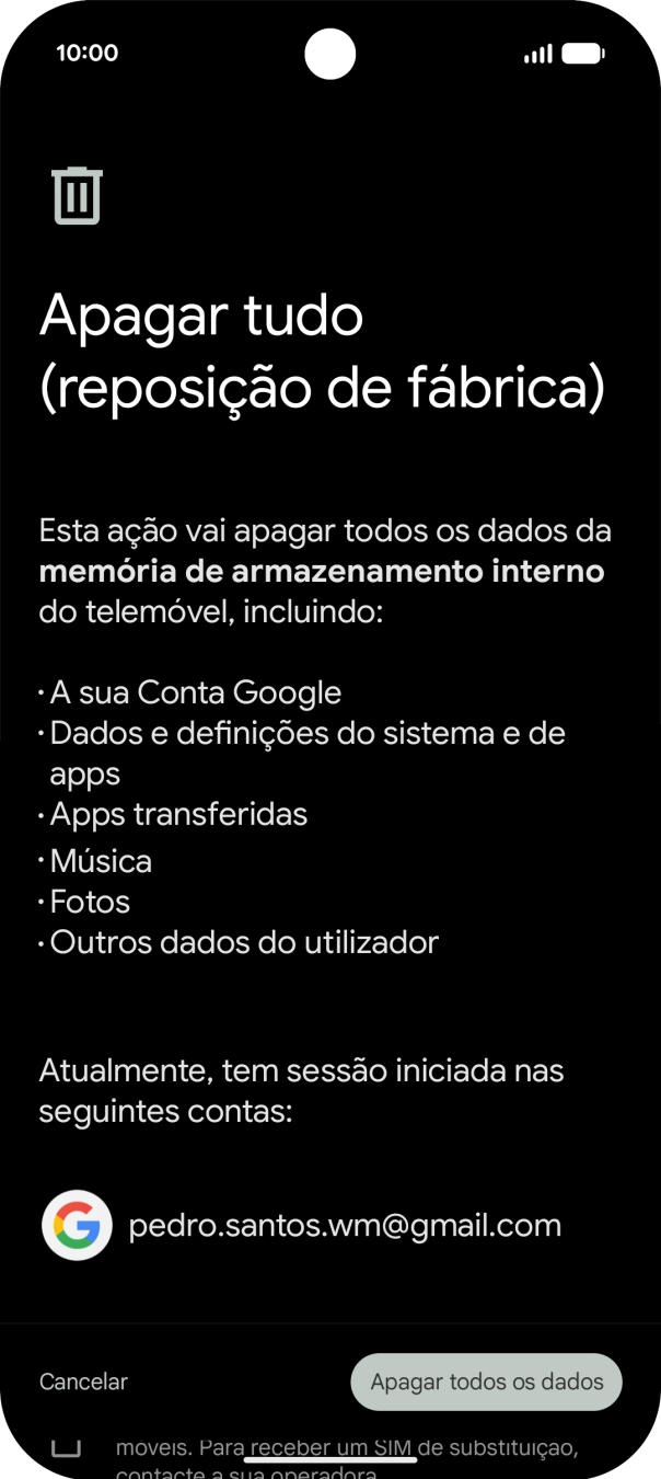 Prima Apagar todos os dados.