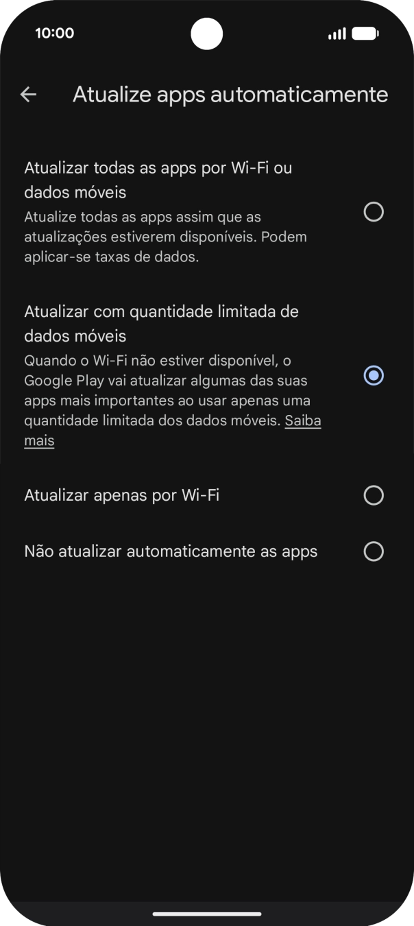 Para ativar a atualização automática de apps via redes móveis, prima Atualizar todas as apps por Wi-Fi ou dados móveis.