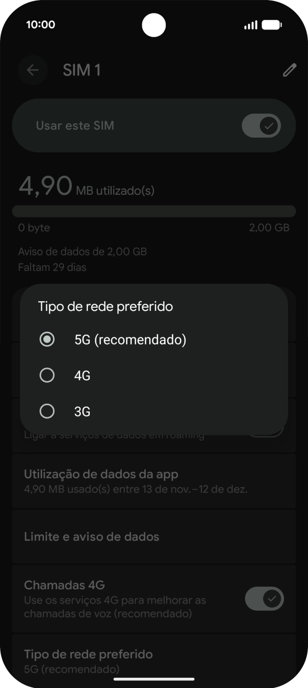 Prima o tipo de rede pretendido.