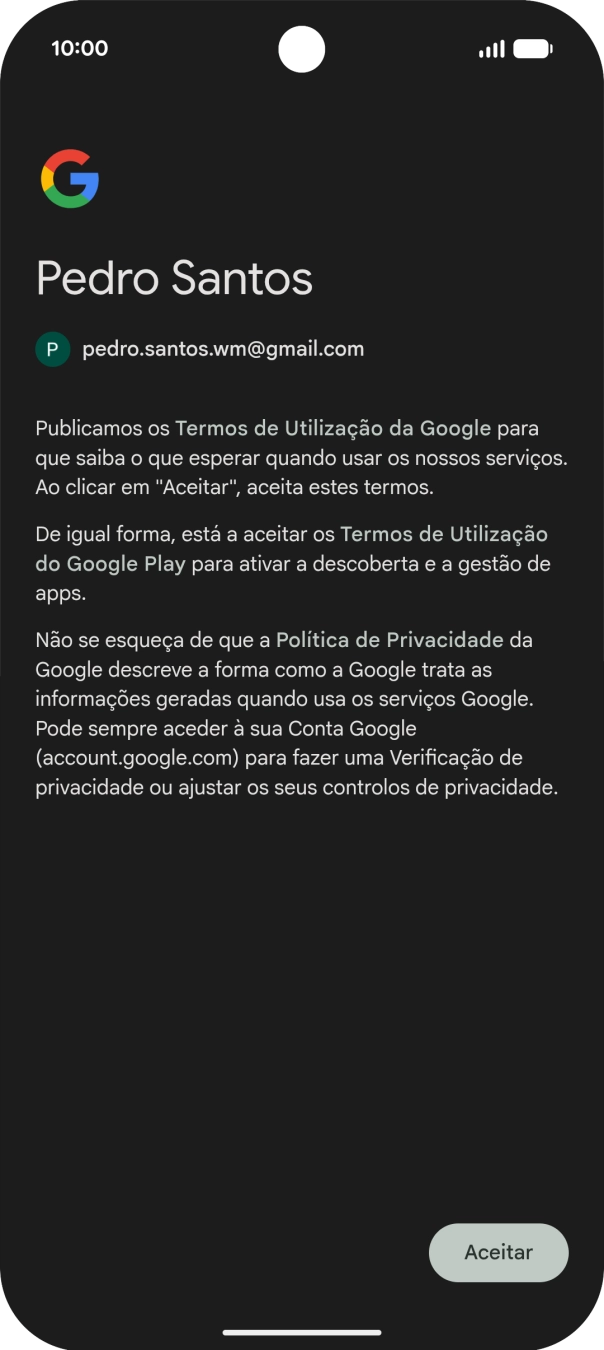 Prima Aceitar e siga as indicações no ecrã para escolher as definições da conta Google.