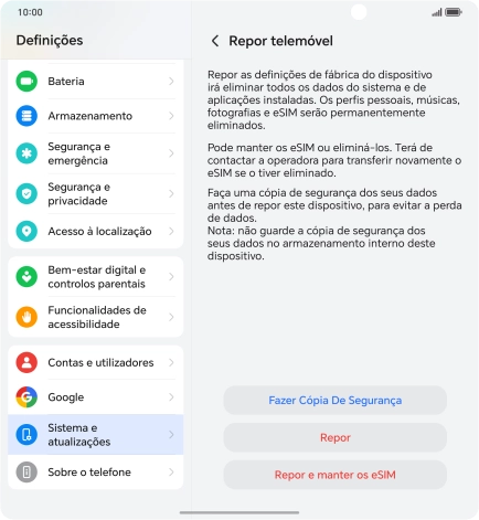 Prima Repor. Aguarde um momento enquanto o telefone restabelece as definições originais. Siga as indicações no ecrã para configurar o telefone de modo que este fique pronto a ser utilizado.