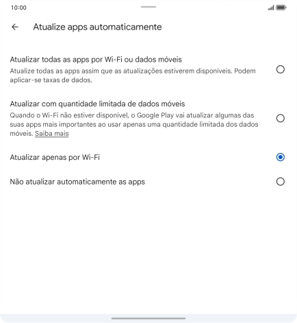 Para ativar a atualização automática de apps via redes móveis, prima Atualizar todas as apps por Wi-Fi ou dados móveis.