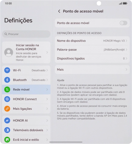 Prima Nome do dispositivo, e introduza o nome pretendido do hotspot Wi-Fi.