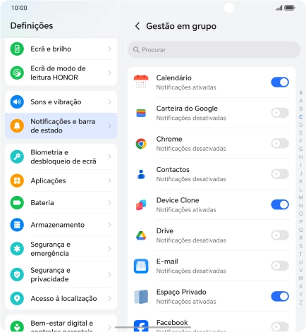 Prima o indicador junto às apps pretendidas para ativar ou desativar a função.