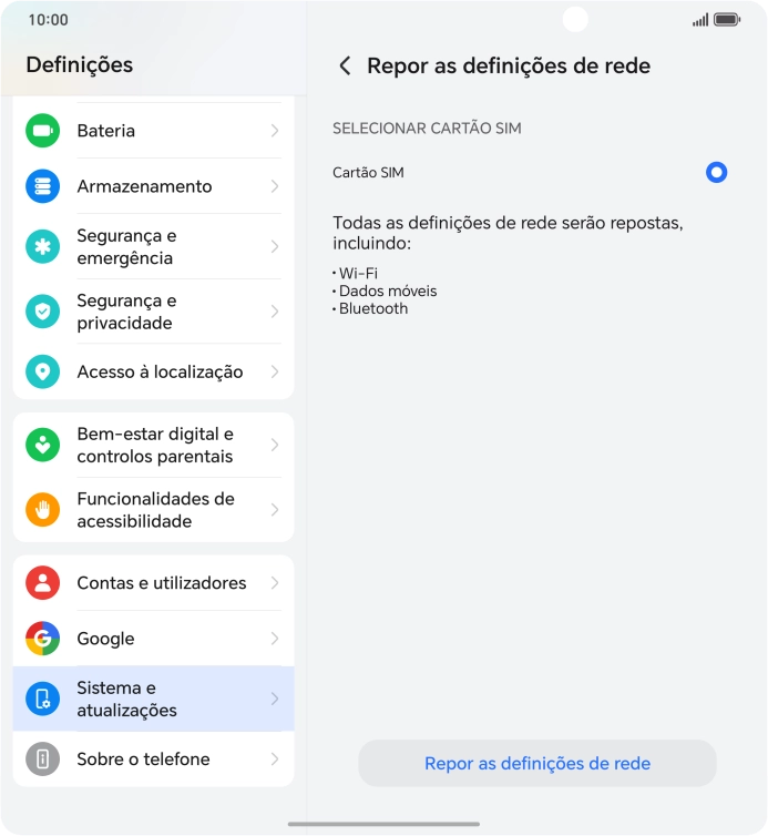Prima Repor as definições de rede.