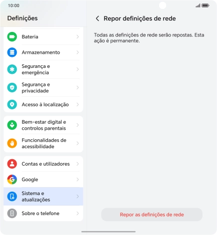 Prima Repor as definições de rede.