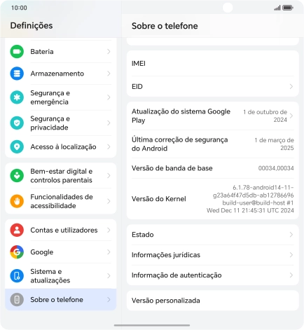 O código IMEI é mostrado no ecrã.