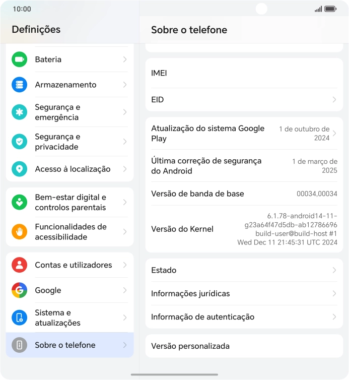O código IMEI é mostrado no ecrã.