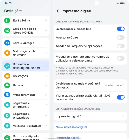Prima os indicadores junto às definições pretendidas para as ativar ou desativar.