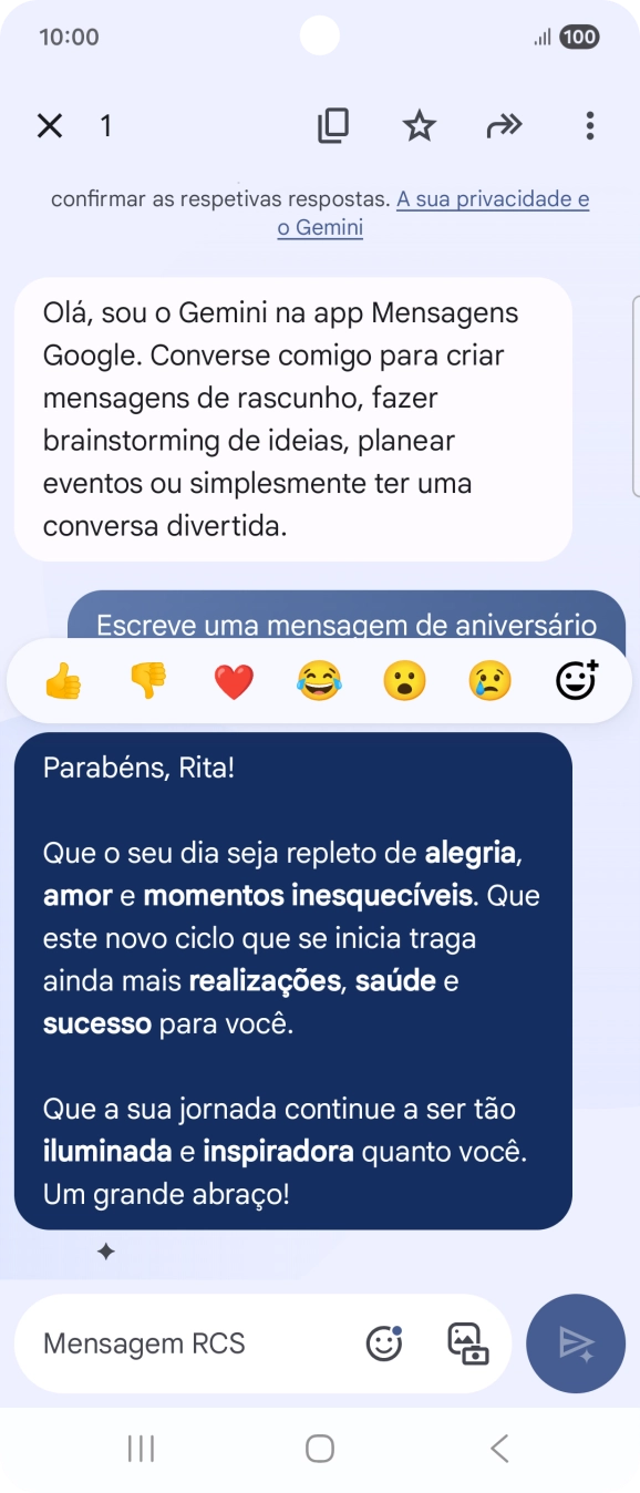 Mantenha premida por um momento a sugestão de texto da Gemini. Siga as indicações no ecrã  para utilizar a sugestão de texto.