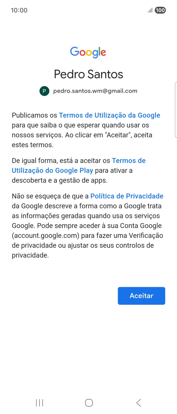 Prima Aceitar e siga as indicações no ecrã para escolher as definições da conta Google.