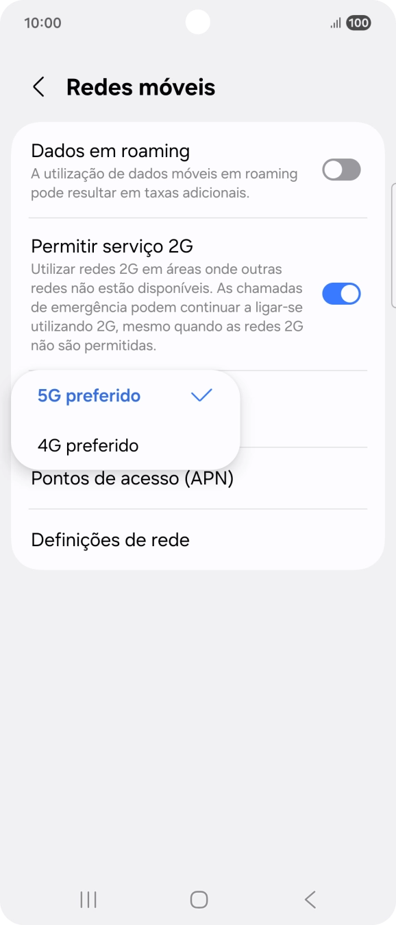 Prima o tipo de rede pretendido.