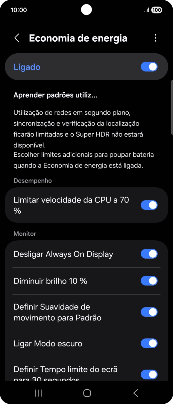 Prima os indicadores junto às definições pretendidas para as ativar ou desativar.