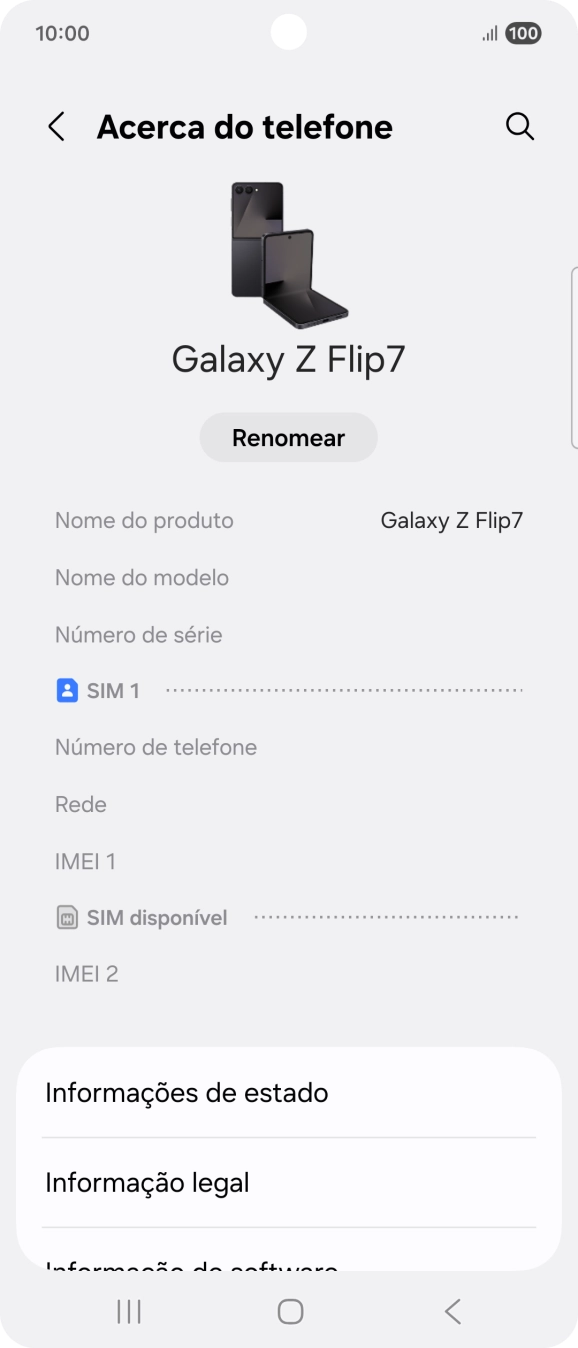 O código IMEI é mostrado no ecrã.