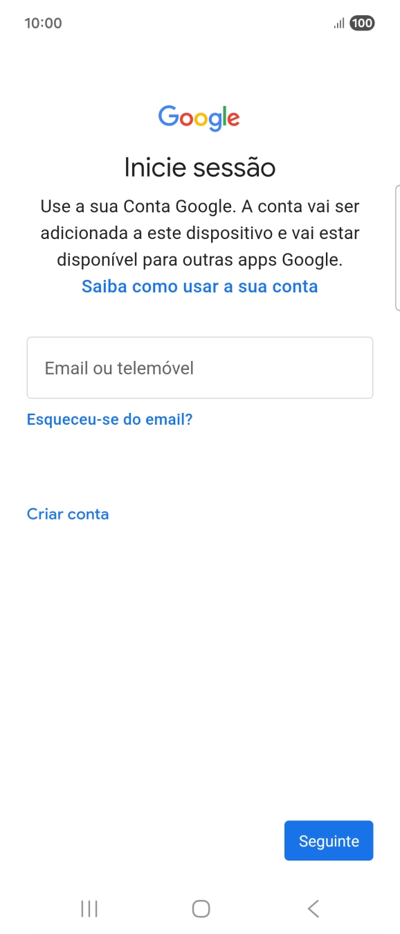 Se não tiver uma conta Google, prima Criar conta e siga as indicações no ecrã para criar uma conta.