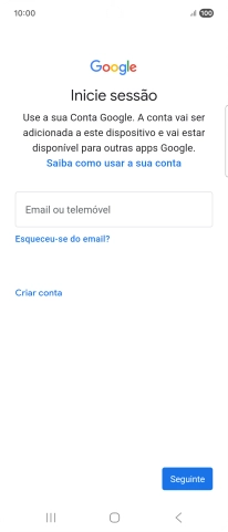 Se não tiver uma conta Google, prima Criar conta e siga as indicações no ecrã para criar uma conta.