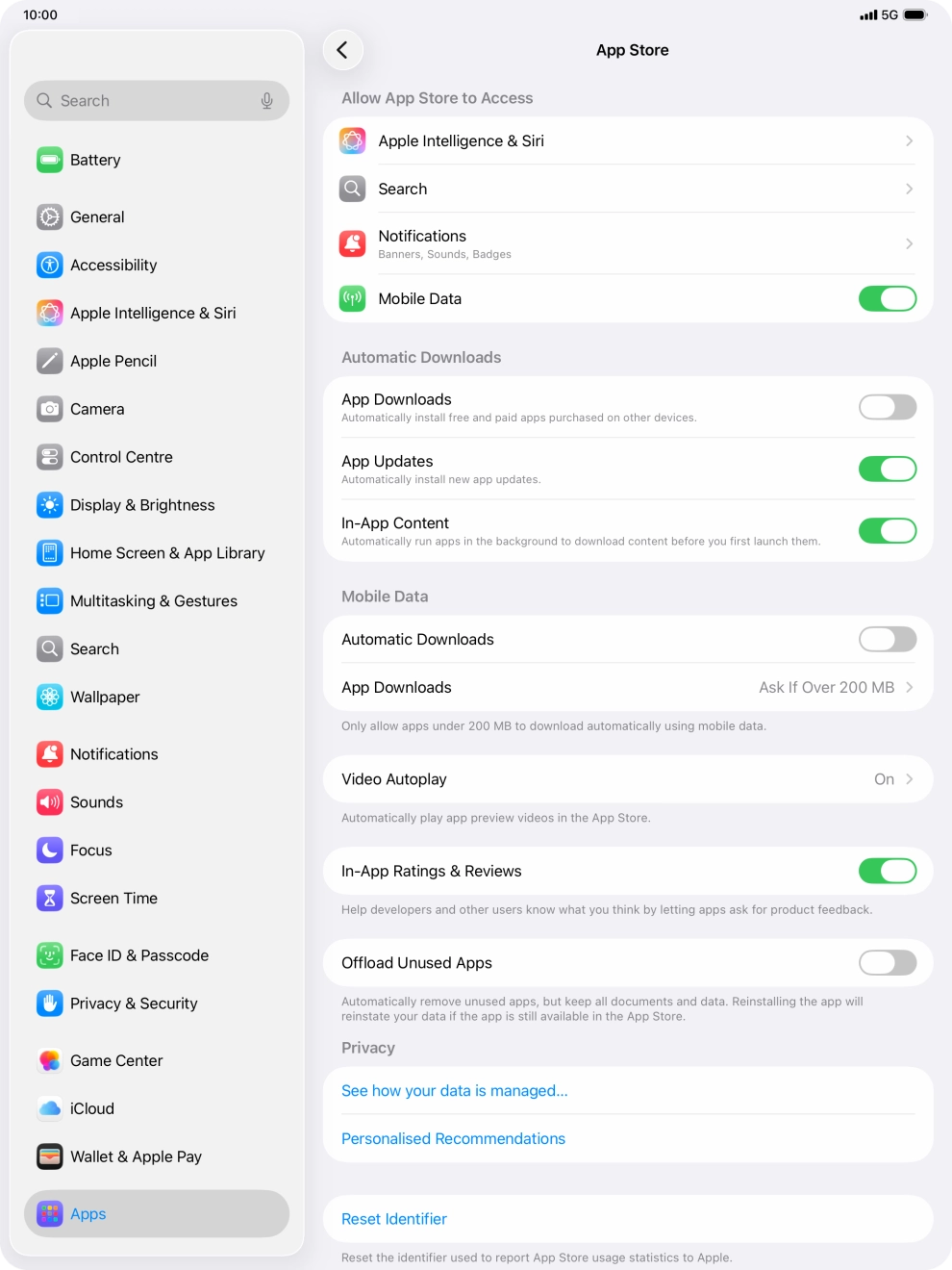 Press the indicator next to 'App Updates' to turn the function on or off.