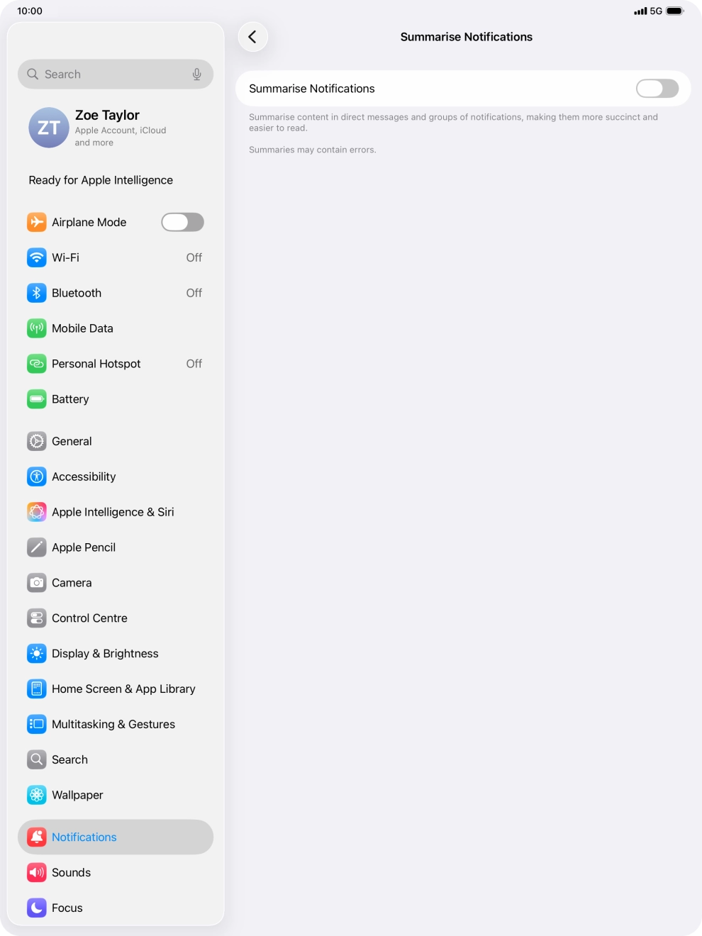 Press the indicator next to 'Summarise Notifications' to turn the function on or off.