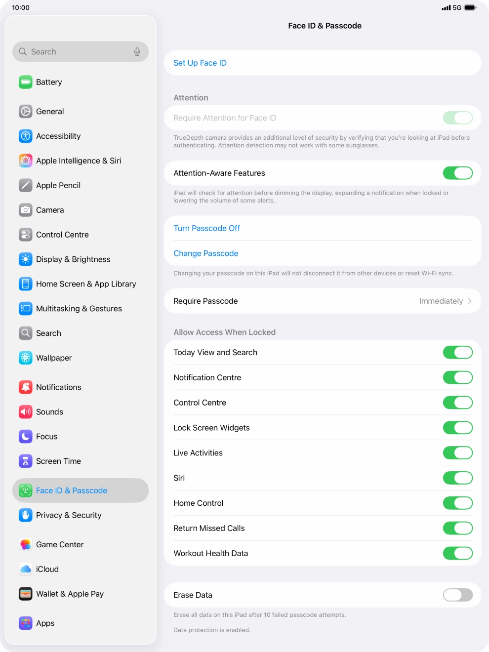 Press the indicator next to 'Erase Data' to turn the function on or off.