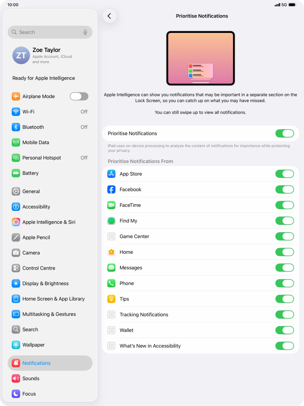 Press the indicator next to 'Prioritise Notifications' to turn the function on or off.