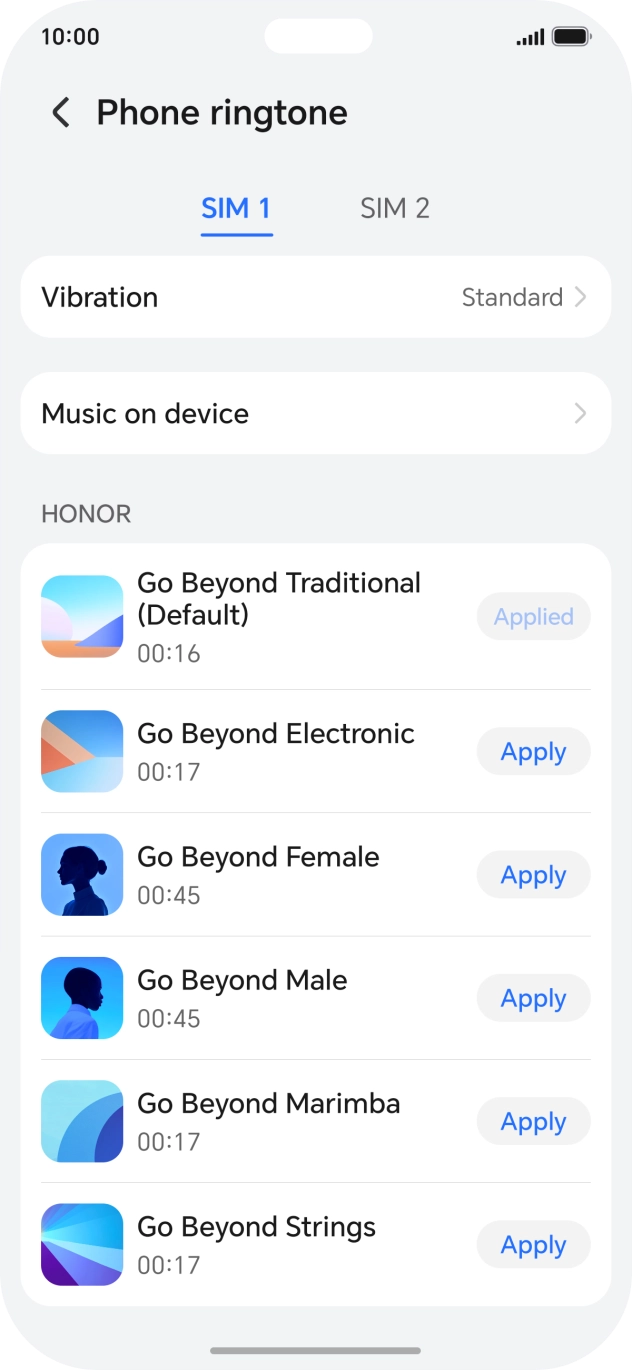 Press Apply next to the required ringtones to hear them.