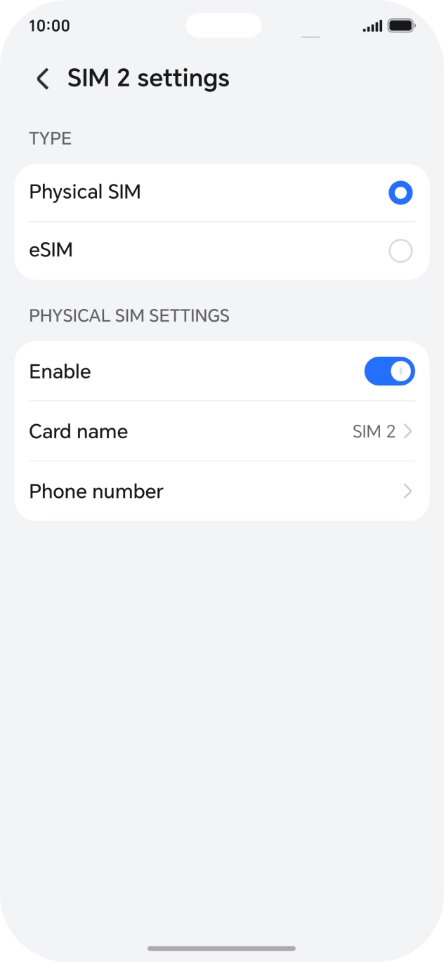 Press the indicator next to 'Enable' to turn use of the SIM on or off.