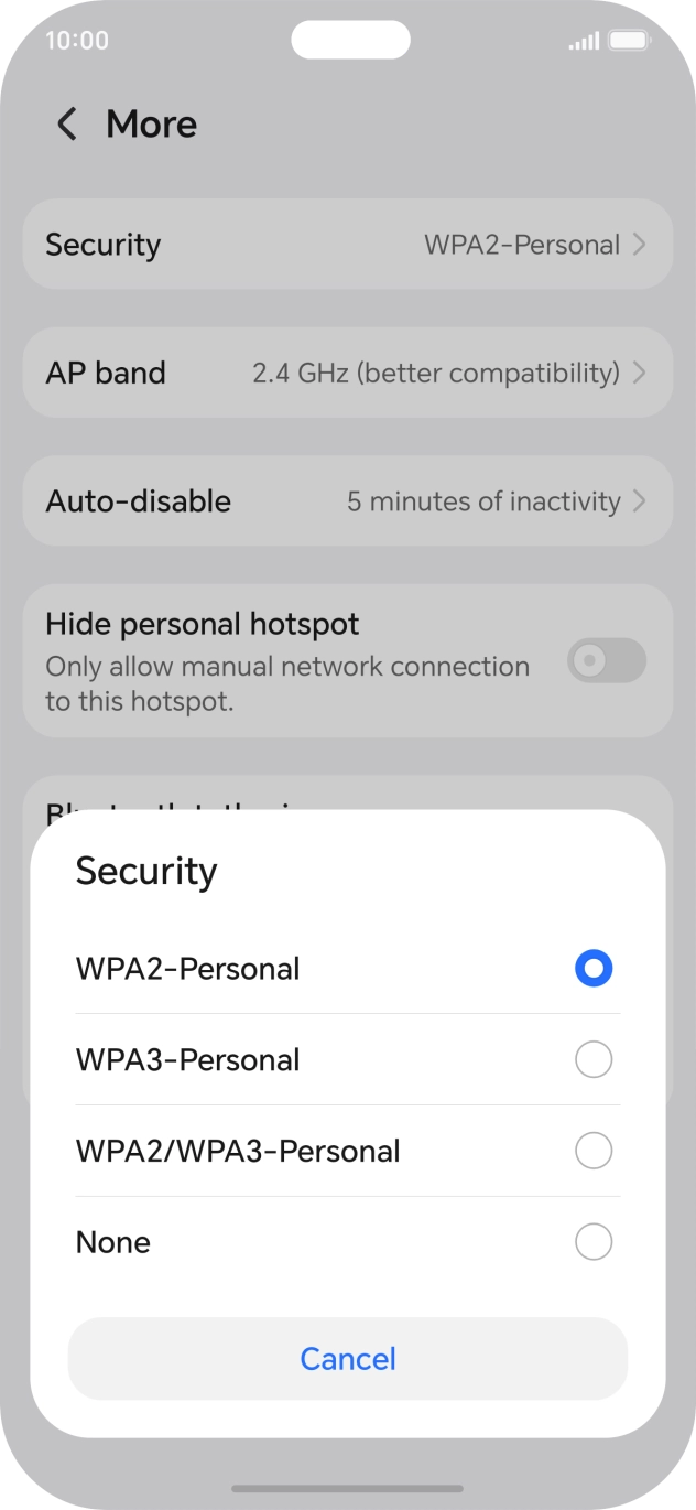 Press WPA3-Personal to password protect your WiFi hotspot. Press WPA3-Personal to password protect your WiFi hotspot.