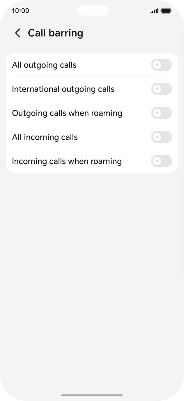 Press the indicator next to the required barring type to turn the function on or off.