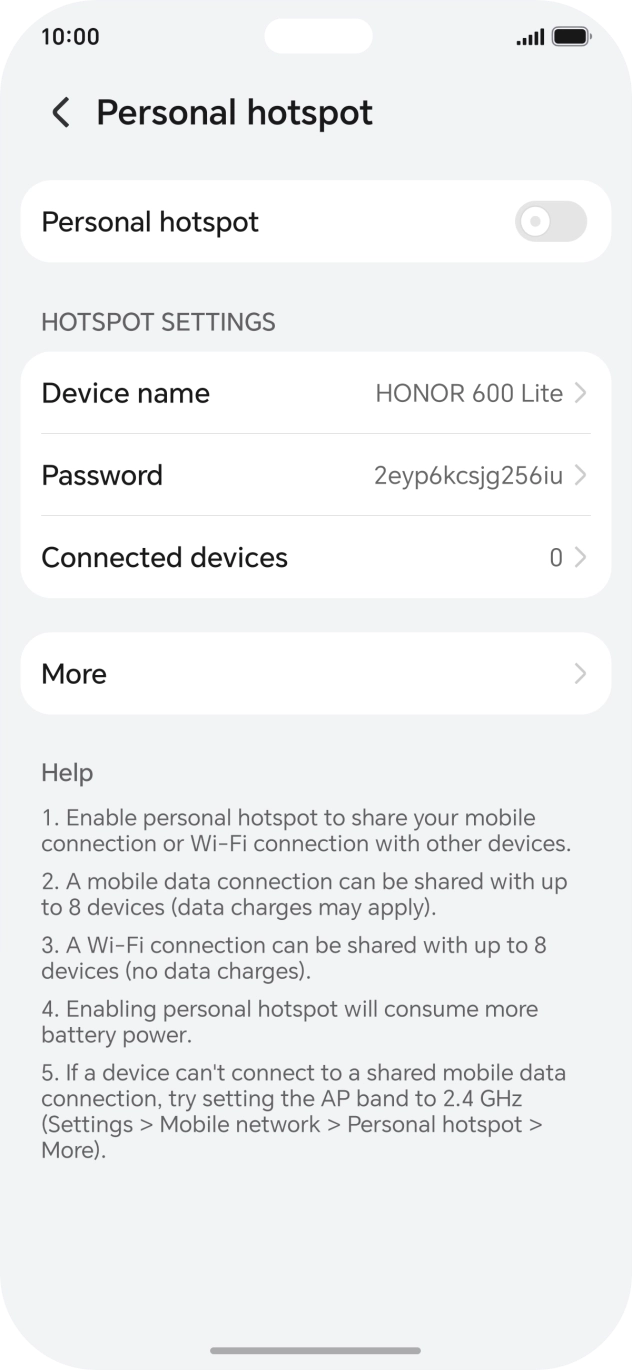 Press Device name and key in the required name for the WiFi hotspot. Press Device name and key in the required name for the WiFi hotspot.