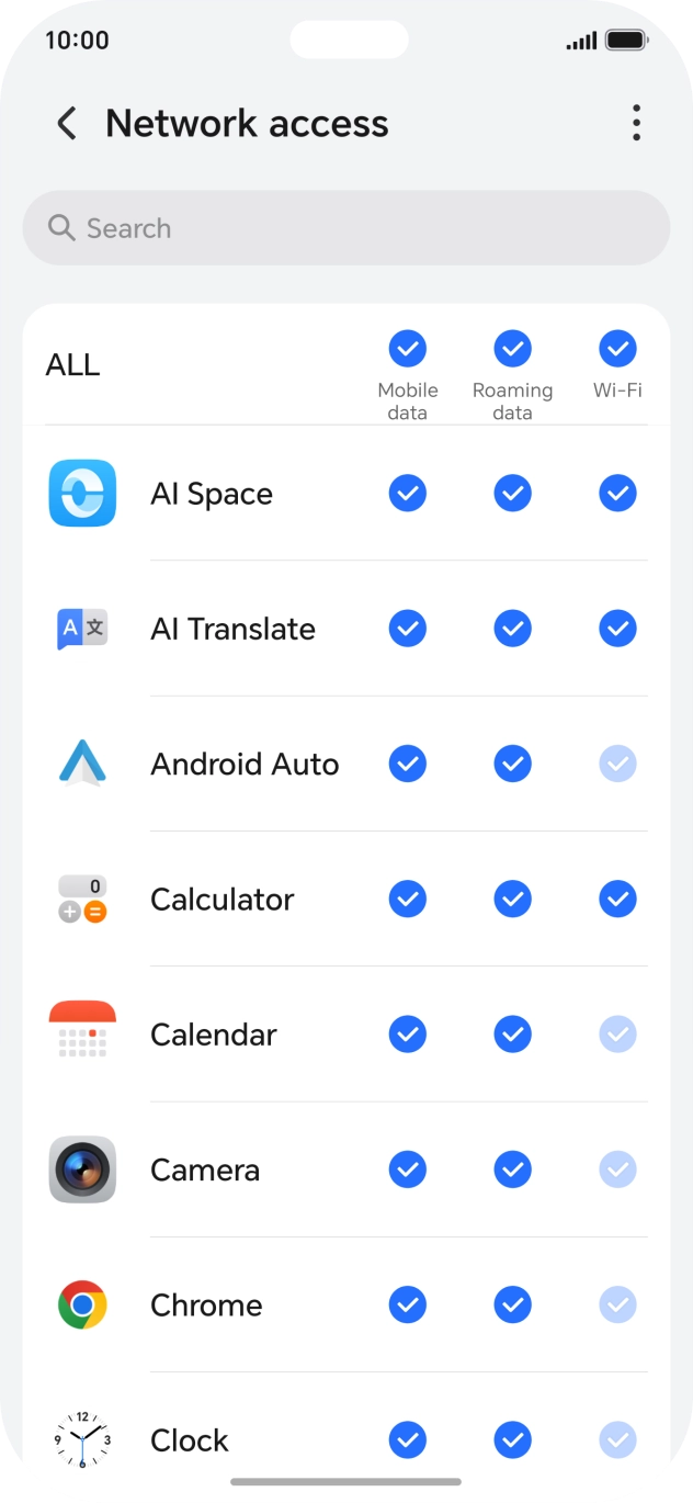Press the field in the 'Mobile data' column next to the required app to turn the function on or off.