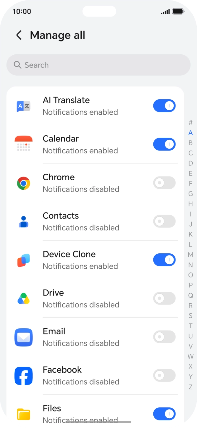 Press the indicators next to the required apps to turn the function on or off.