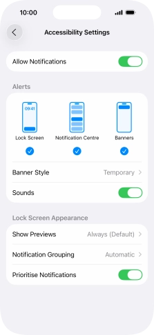 Press the indicator next to 'Allow Notifications' to turn notifications for the selected application on or off.