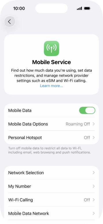 Press the indicator next to 'Mobile Data' to turn the function on or off. Press the indicator next to 'Mobile Data' to turn the function on or off.
