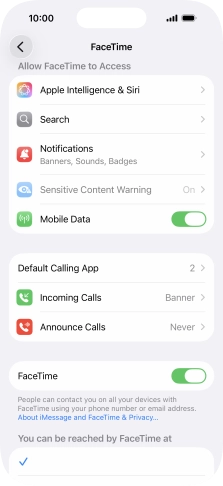 Press the indicator next to 'FaceTime' to turn the function on or off.