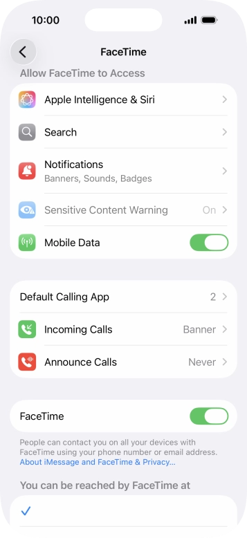 Press the indicator next to 'FaceTime' to turn the function on or off.