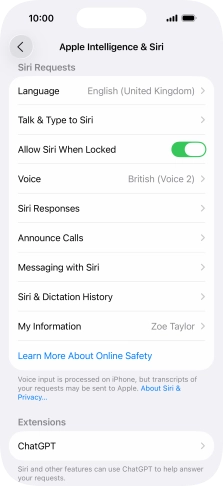 Press the indicator next to 'Allow Siri When Locked' to turn the function on or off.