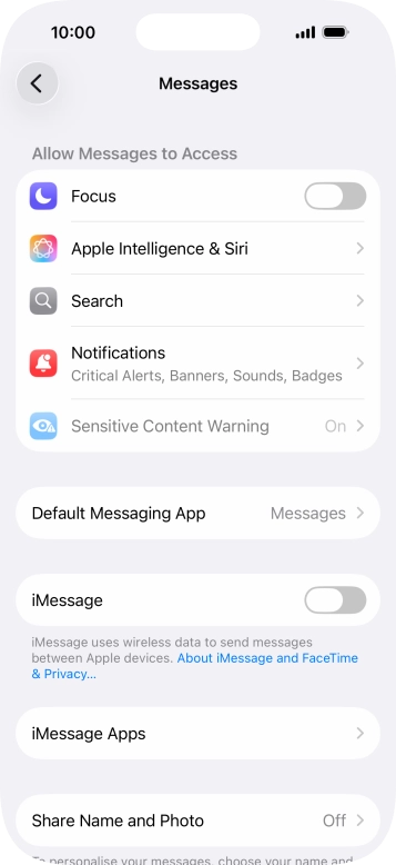 Press the indicator next to 'iMessage' to turn on the function.