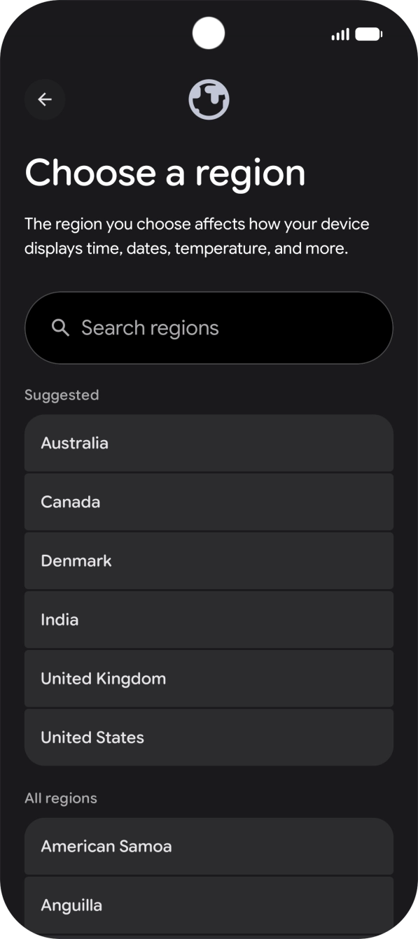 Press the required country or area. Press the required country or area.