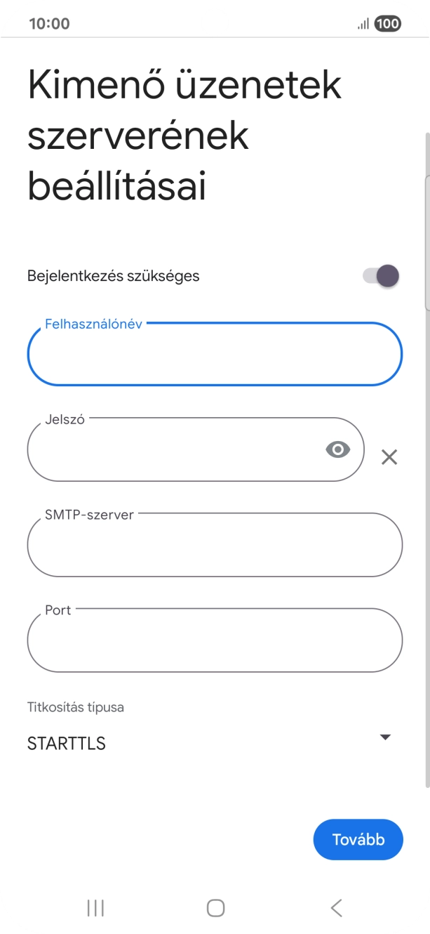 Kattints a „Jelszó” alatti mezőre, és írd be az e-mail szolgáltatód kimenő szerverének jelszavát.