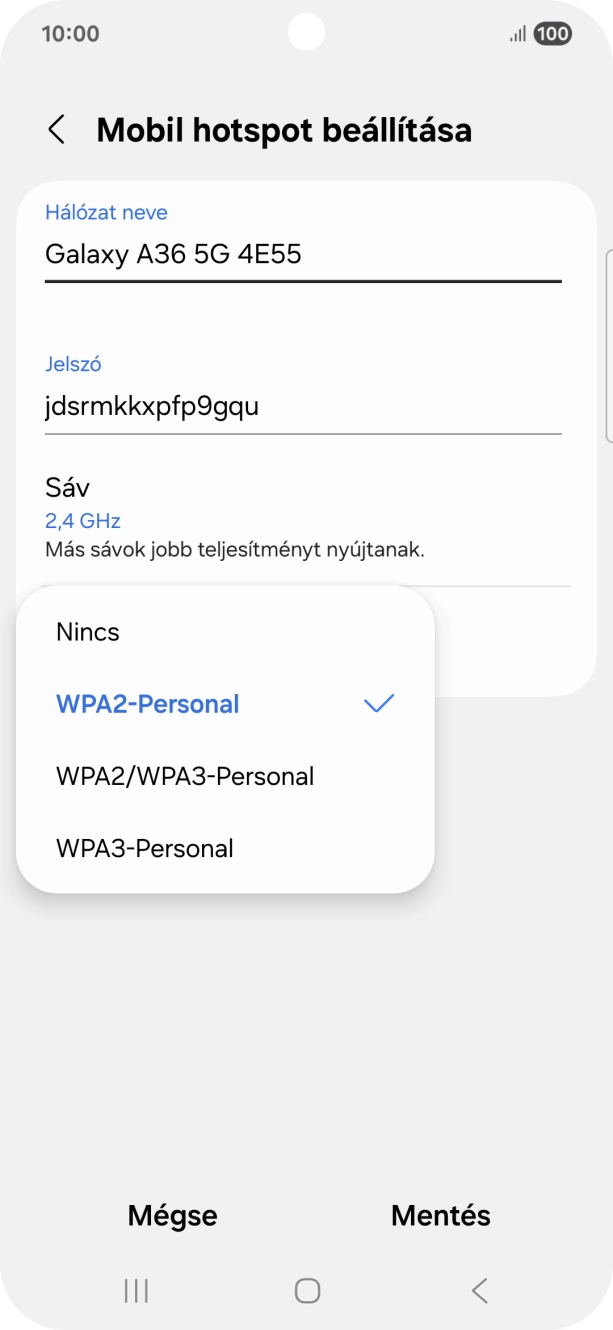 Válaszd a WPA3-Personal lehetőséget, ha jelszóval szeretnéd védeni a Wi-Fi hotspotodat.