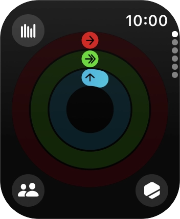 No ecrã será mostrado quanto lhe falta para cumprir as suas metas de atividade diária. Quando os anéis coloridos estiverem fechados, estão cumpridas a suas metas de atividade diária.