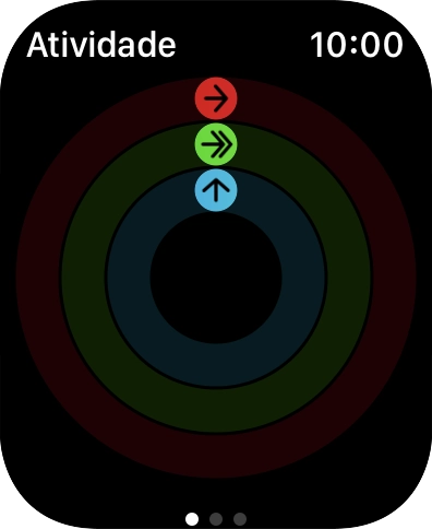 No ecrã será mostrado quanto lhe falta para cumprir as suas metas de atividade diária. Quando os anéis coloridos estiverem fechados, estão cumpridas a suas metas de atividade diária.