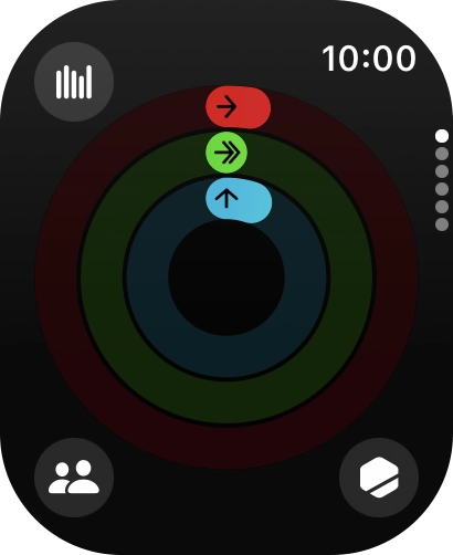 No ecrã será mostrado quanto lhe falta para cumprir as suas metas de atividade diária. Quando os anéis coloridos estiverem fechados, estão cumpridas a suas metas de atividade diária.