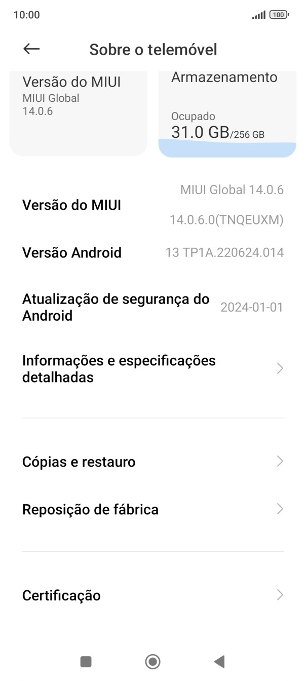 Prima Versão do MIUI. Se existir uma nova versão de software disponível, será agora indicado no ecrã. Siga as indicações no ecrã para atualizar o software do telefone.