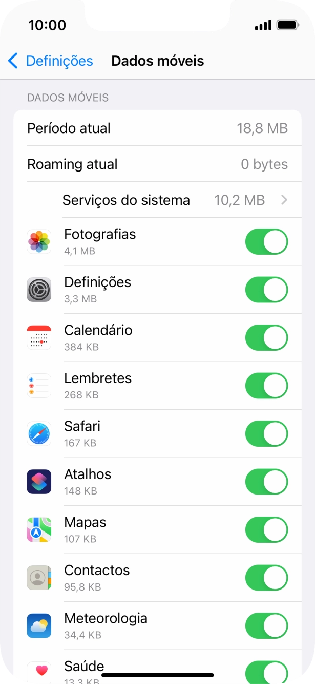 Prima o indicador junto das aplicações pretendidas para ativar ou desativar a função.