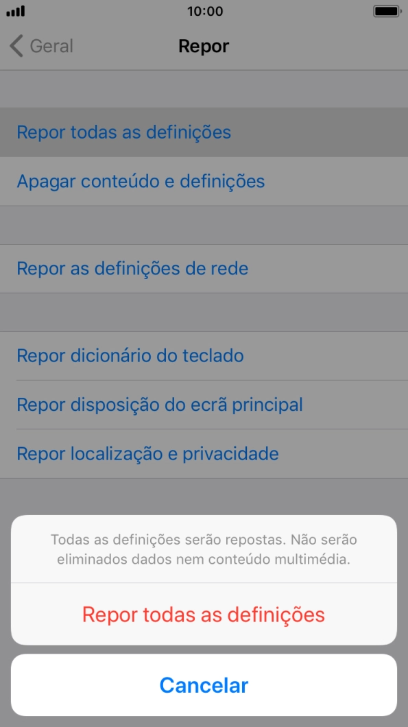 Prima Repor todas as definições.