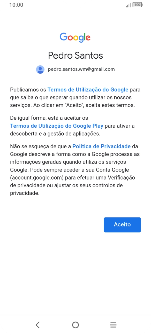 Prima Aceito e siga as indicações no ecrã para escolher as definições da conta Google.