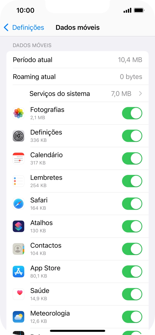Prima o indicador junto das aplicações pretendidas para ativar ou desativar a função.