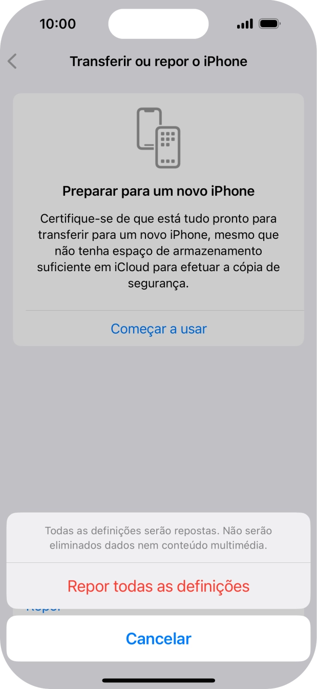 Prima Repor todas as definições.